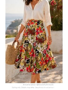 Talbots Petite 12P 100% Silk Tropical Floral A-Line Midi Skirt